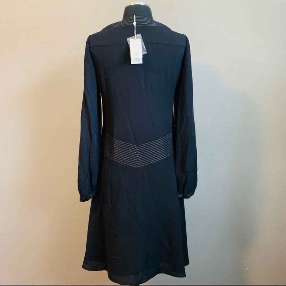 Tory Burch Verenne 100% Silk Embroidered Black V-Neck Dress Sz 2